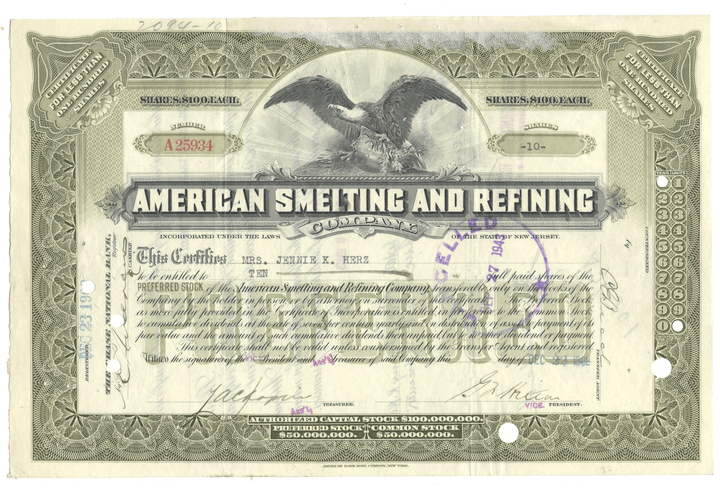 Share certificate from American Smelting and Refining Company with decorative border and eagle emblem.