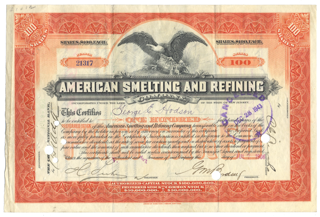 American Smelting and Refining Company Stock Certificate