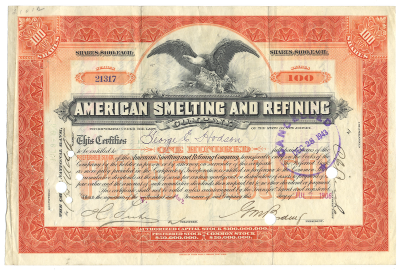 American Smelting and Refining Company Stock Certificate