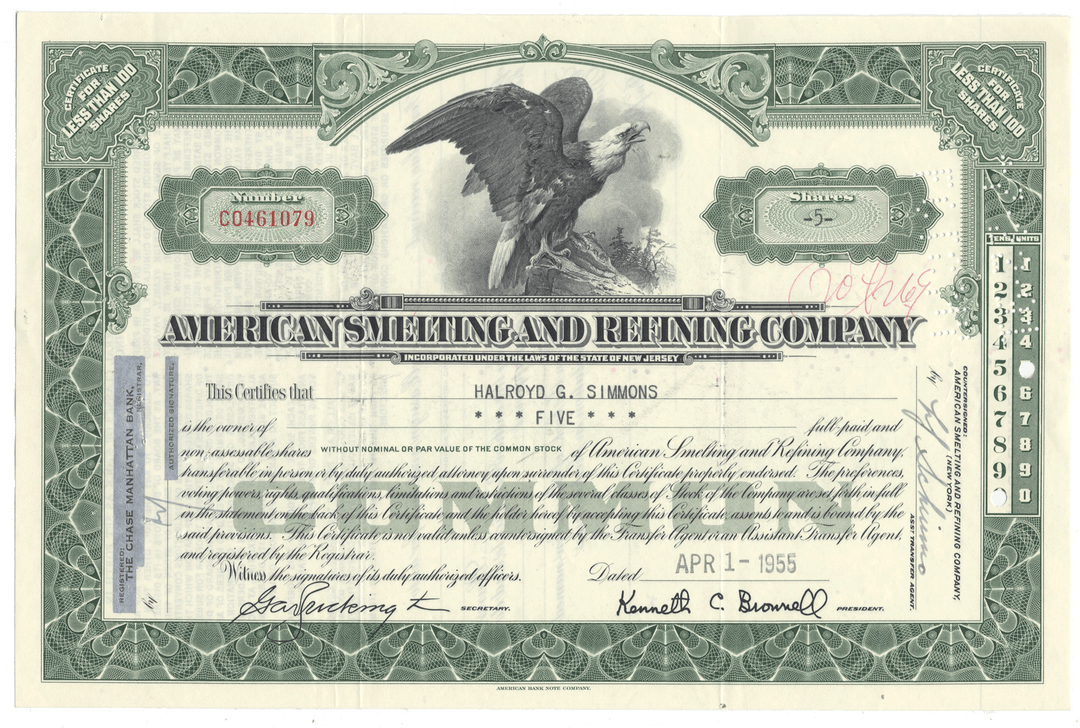 A vintage American Smelting and Refining Company stock certificate from 1955