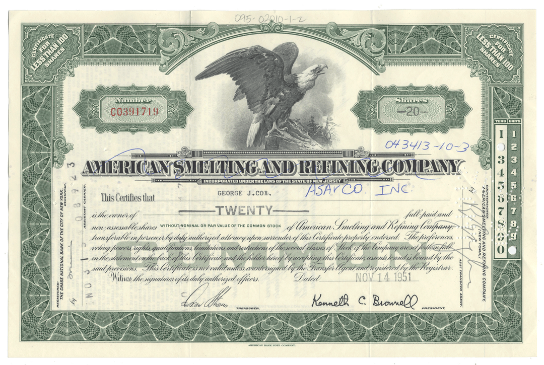 Stock certificate of American Smelting and Refining Company with an eagle emblem.