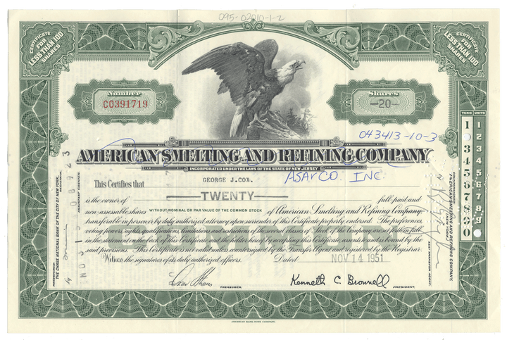 Stock certificate of American Smelting and Refining Company with an eagle emblem.
