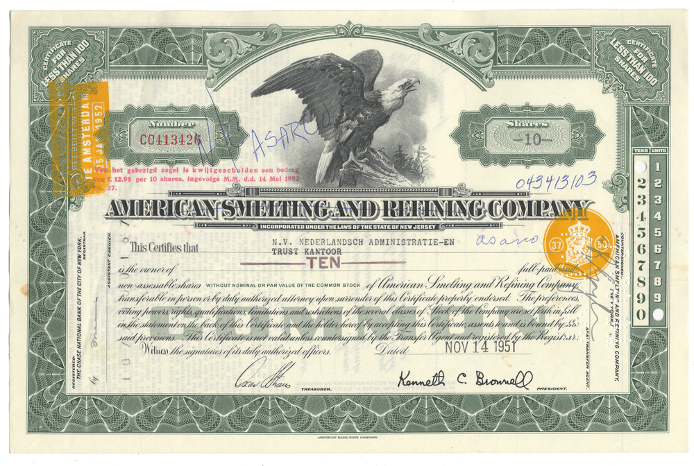 Vintage stock certificate of American Smelting and Refining Company with an eagle emblem.
