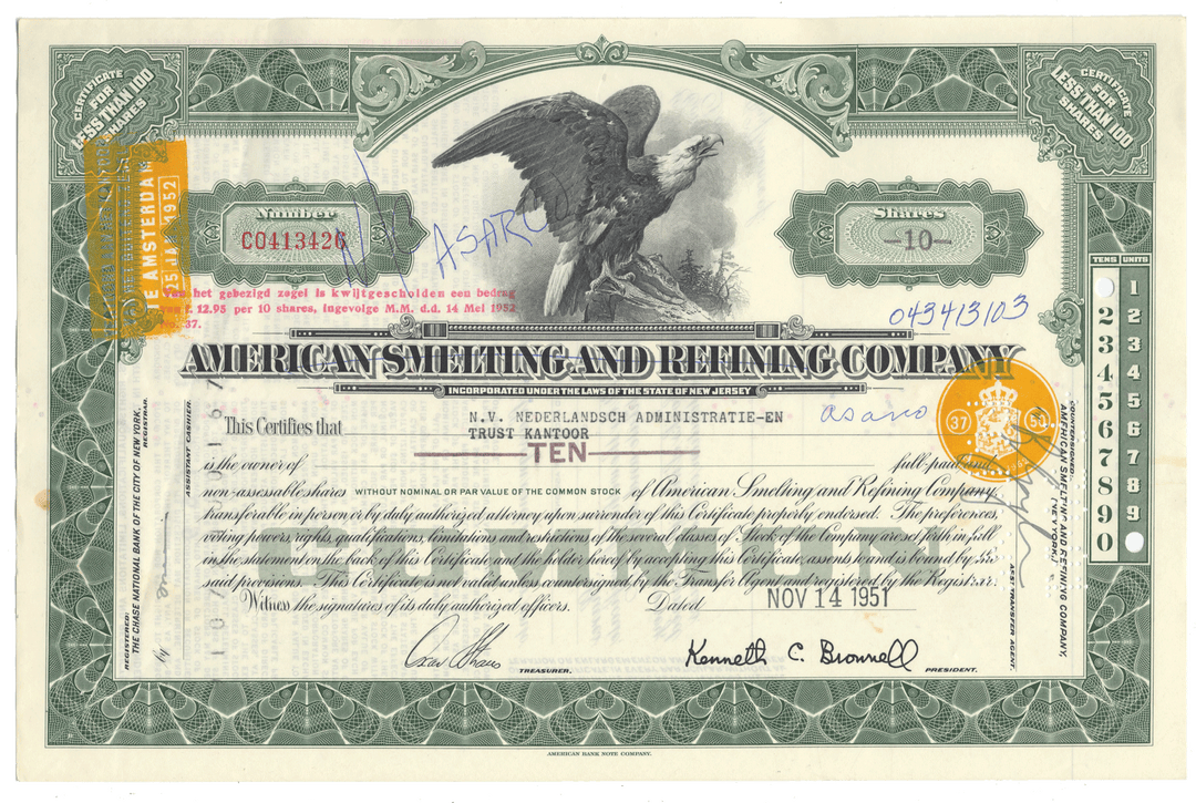 Vintage stock certificate of American Smelting and Refining Company with an eagle emblem.