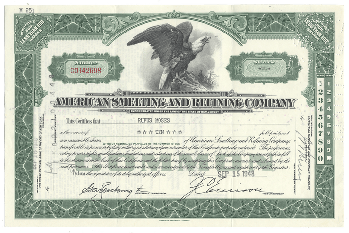 Vintage stock certificate of American Smelting and Refining Company with an eagle illustration from 1948