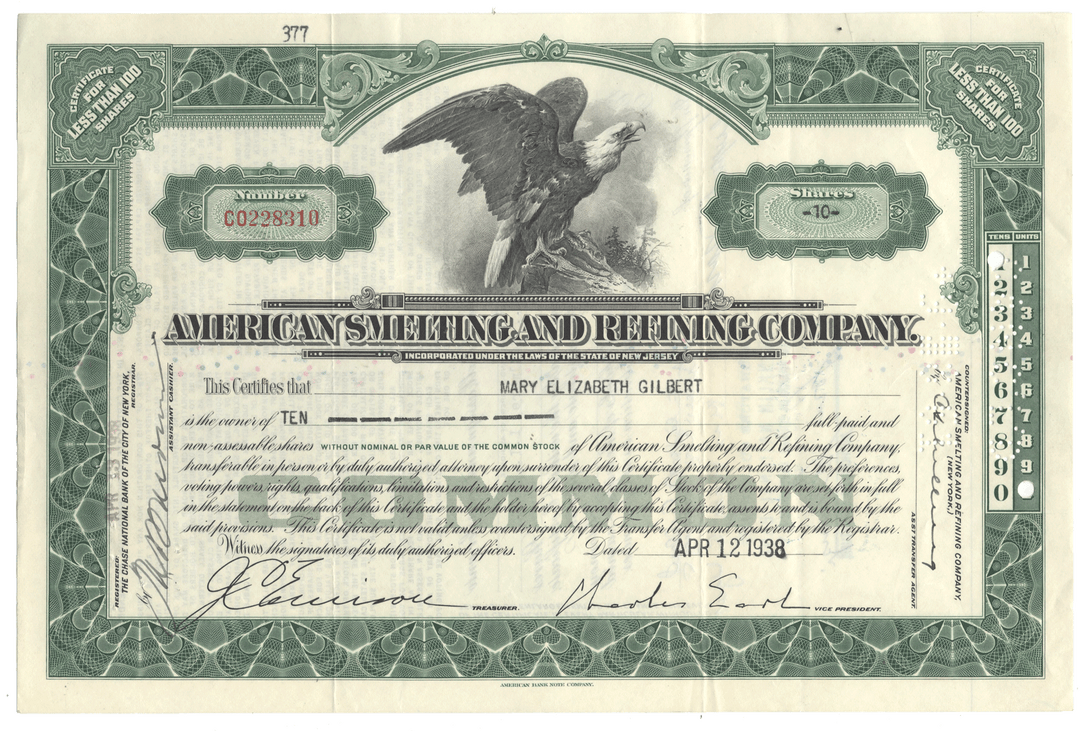 An antique stock certificate from the American Smelting and Refining Company dated 1938