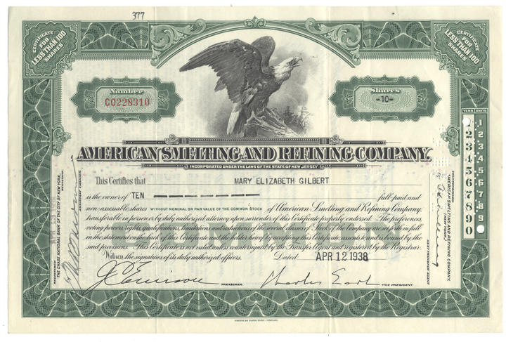 An antique stock certificate from the American Smelting and Refining Company dated 1938