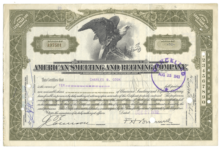 Vintage stock certificate of the American Smelting and Refining Company with an eagle vignette.