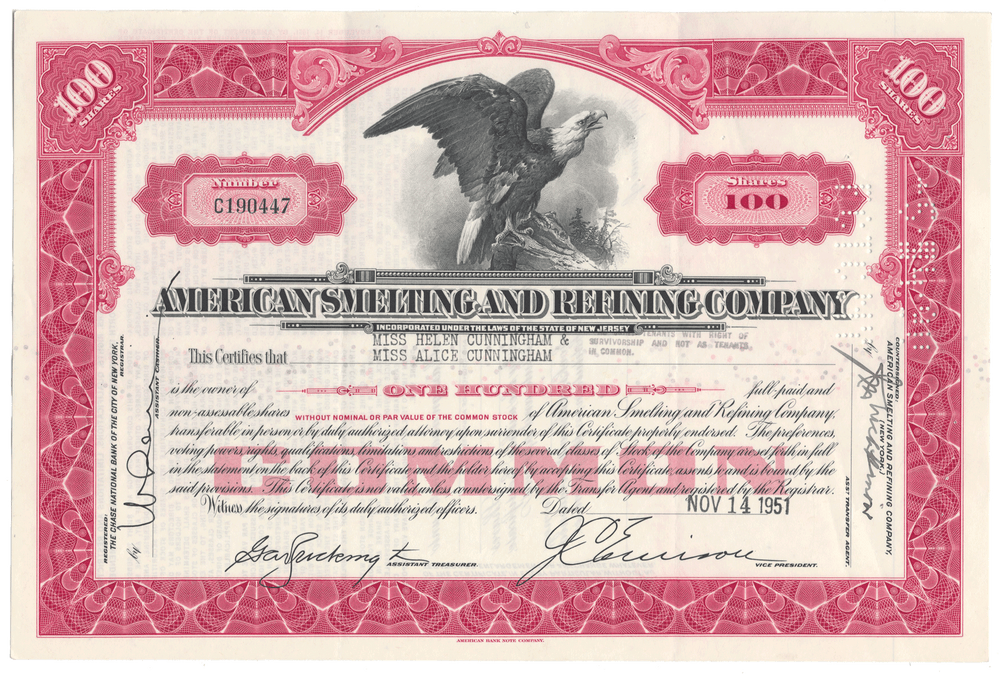 Share certificate of American Smelting and Refining Company with an eagle vignette.