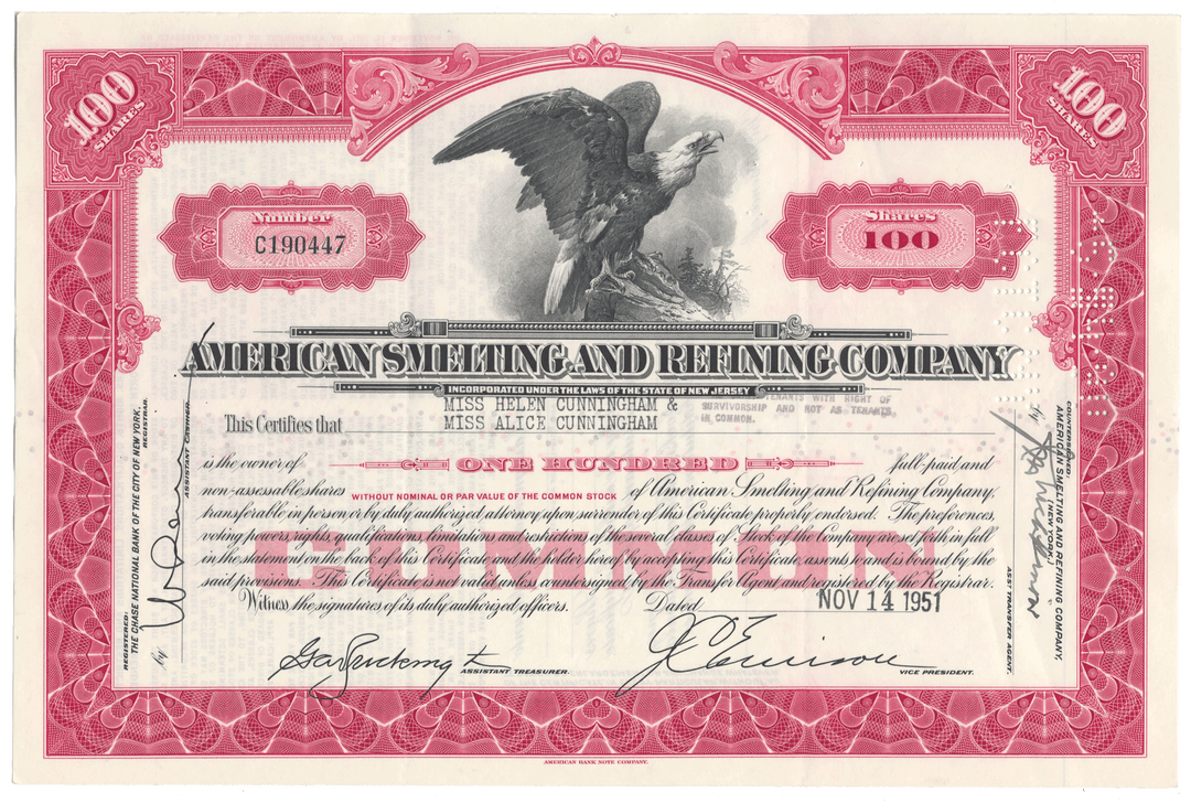 Share certificate of American Smelting and Refining Company with an eagle vignette.