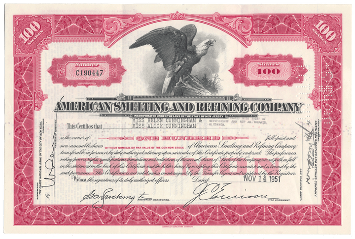 Share certificate of American Smelting and Refining Company with an eagle vignette.