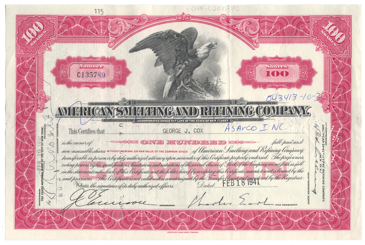Vintage stock certificate of American Smelting and Refining Company with an eagle illustration.