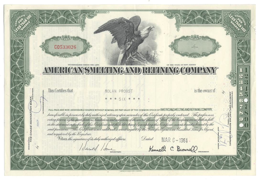 Certificate of the American Smelting and Refining Company with an eagle illustration on a green background.