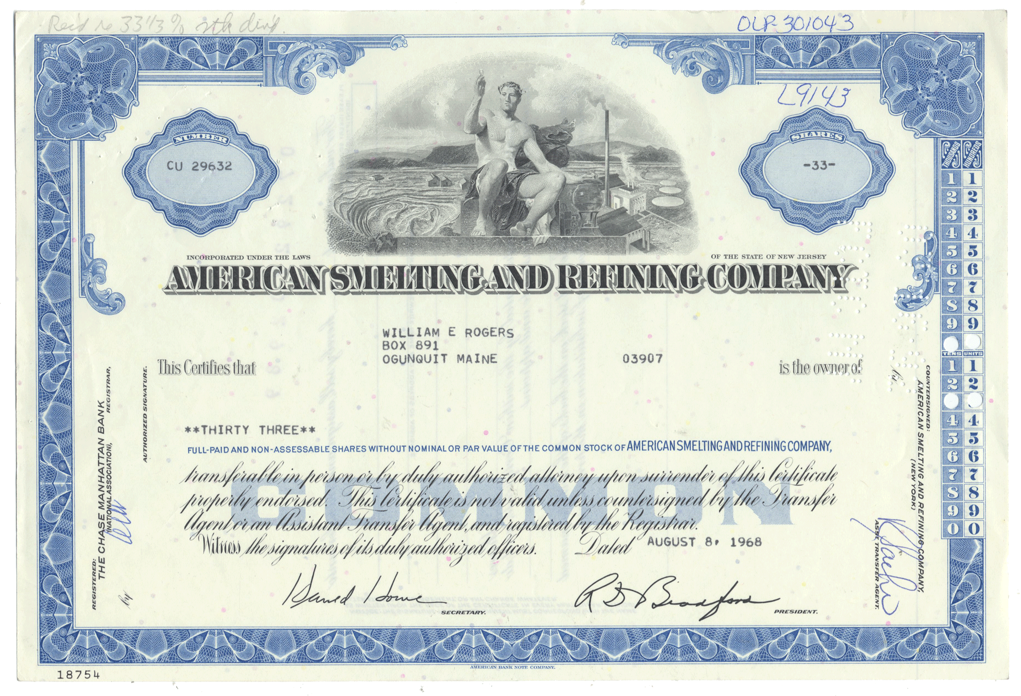 Share certificate from American Smelting and Refining Company with detailed text and graphics.