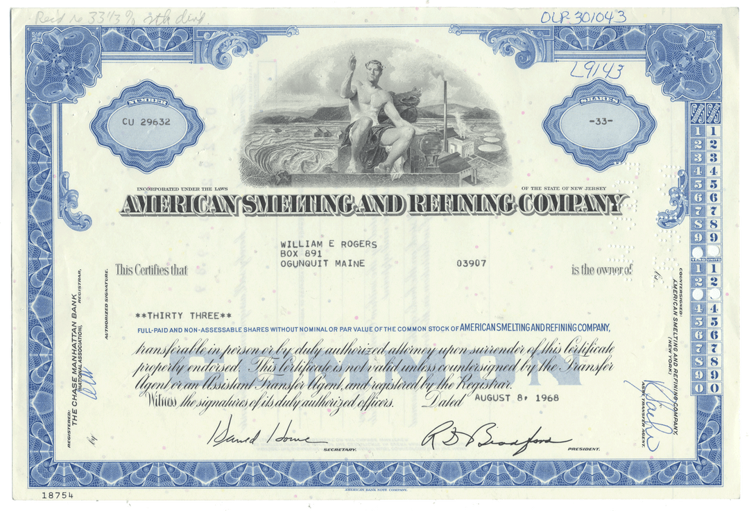 Share certificate from American Smelting and Refining Company with detailed text and graphics.