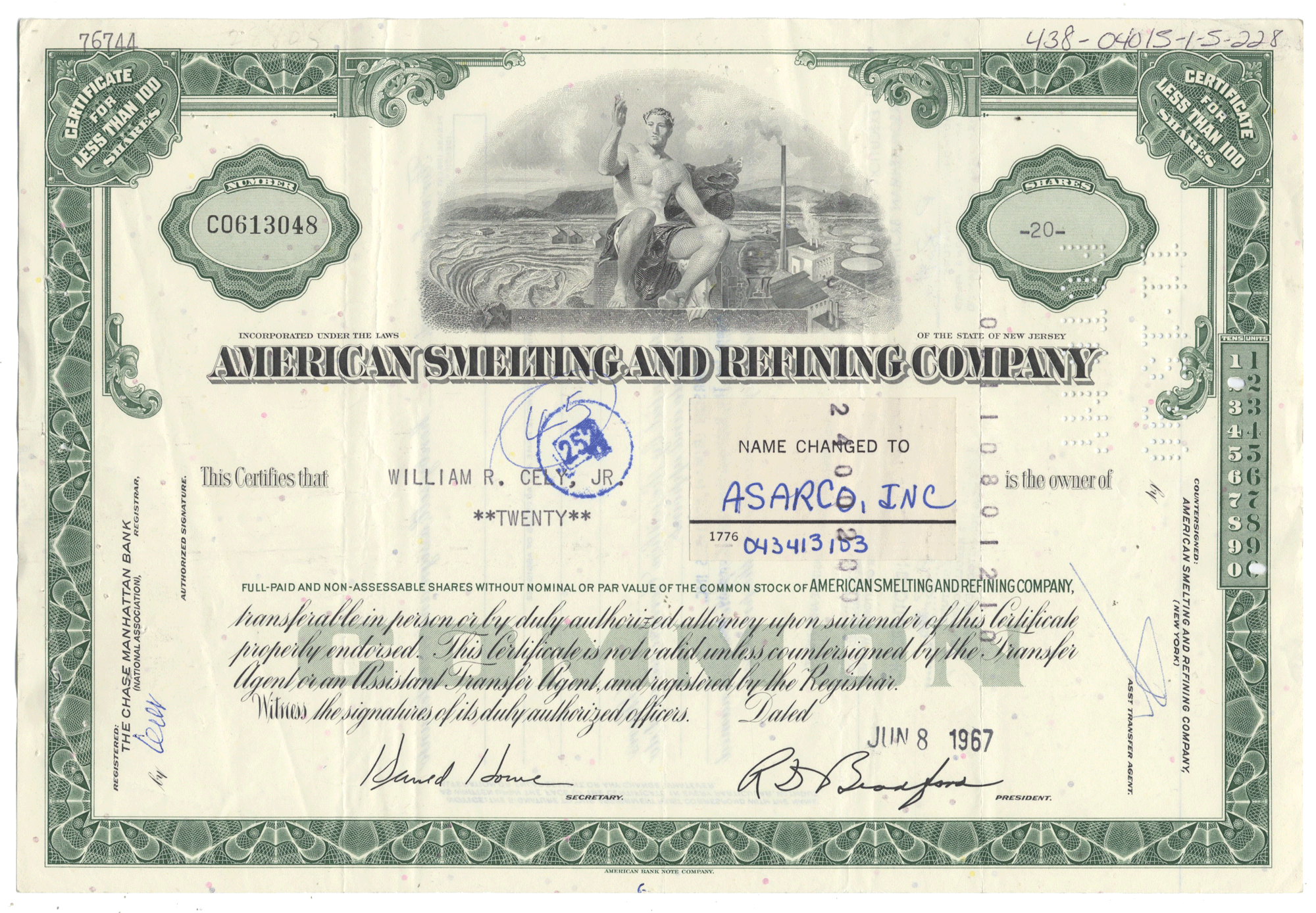 Vintage stock certificate from American Smelting and Refining Company from 1967