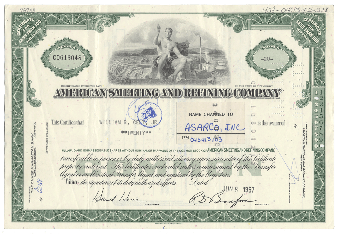 Vintage stock certificate from American Smelting and Refining Company from 1967