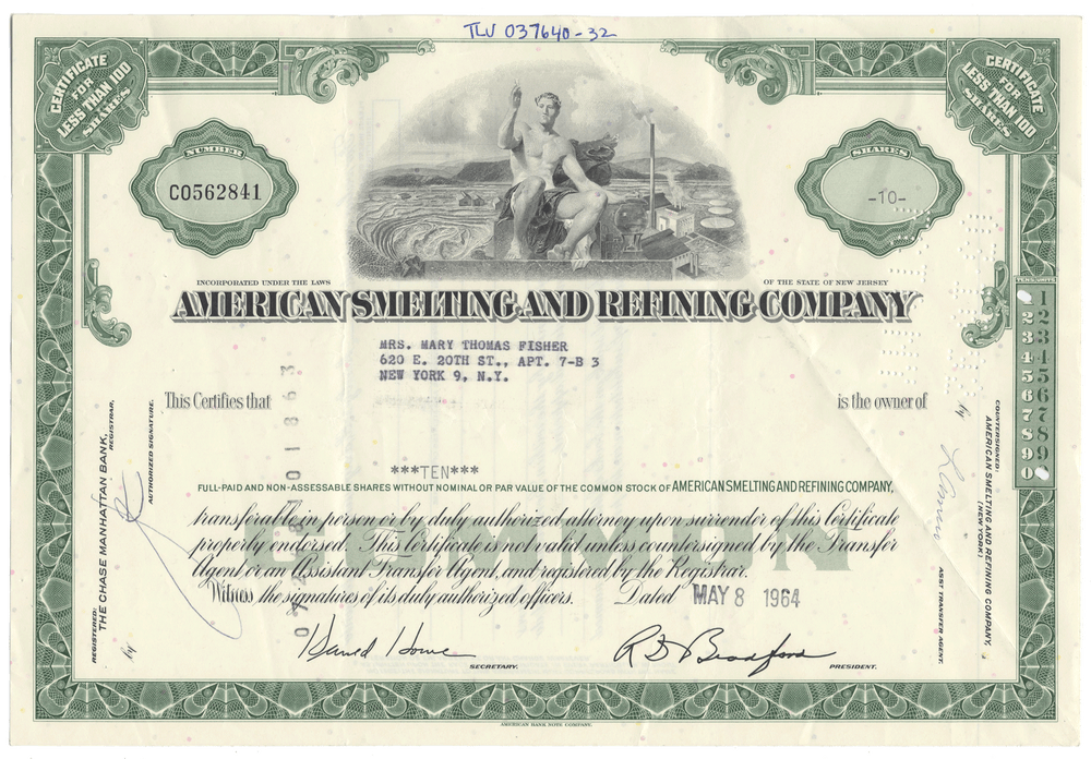 Vintage stock certificate from American Smelting and Refining Company with scenic illustration and text.