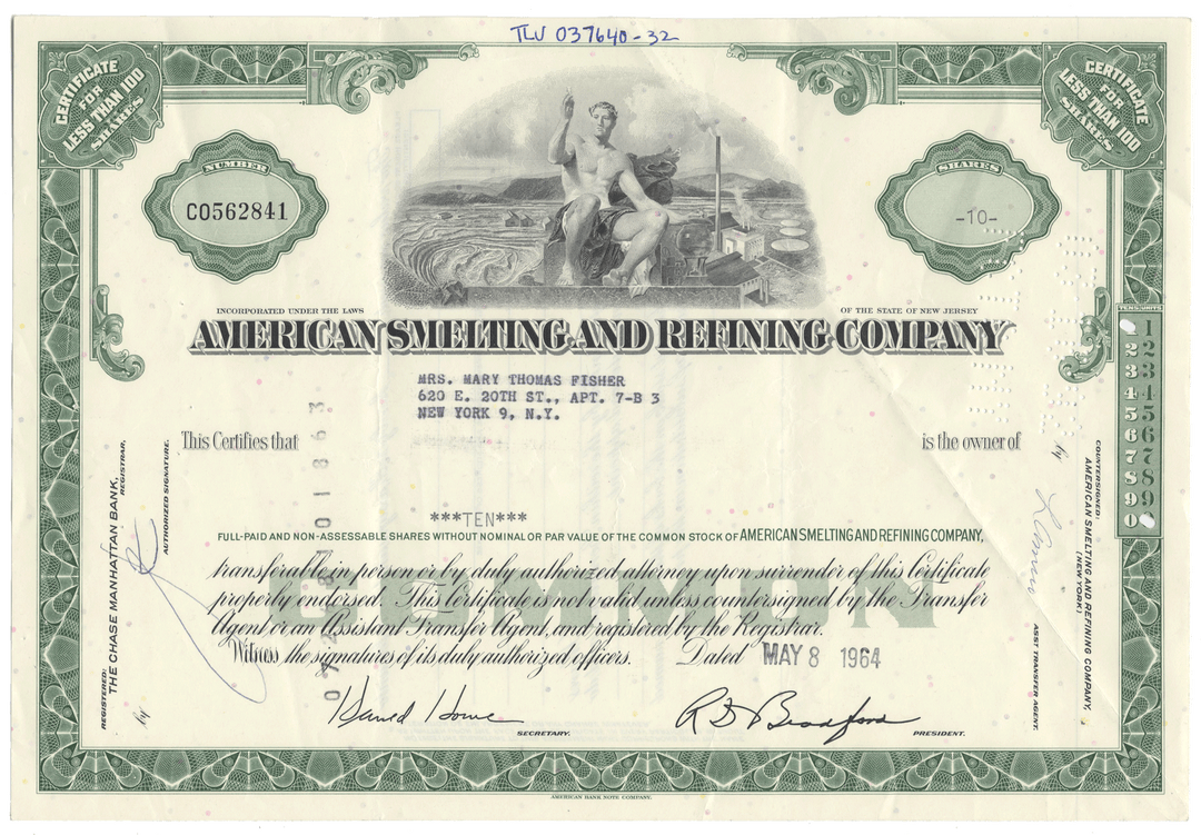 Vintage stock certificate from American Smelting and Refining Company with scenic illustration and text.