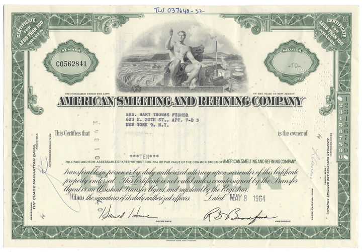 Vintage stock certificate from American Smelting and Refining Company with scenic illustration and text.