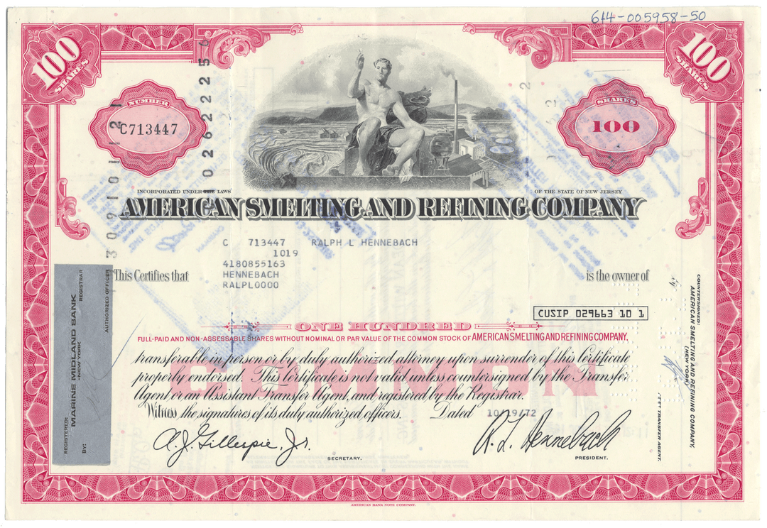 American Smelting and Refining Company Stock Certificate