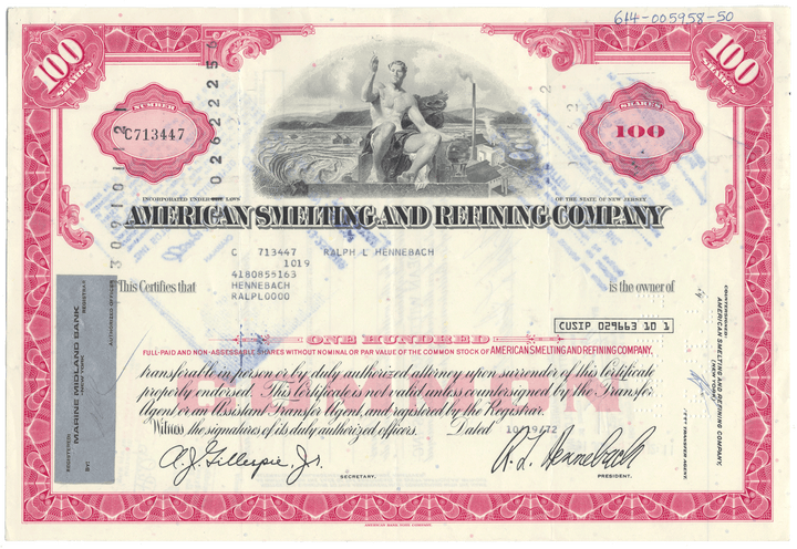 American Smelting and Refining Company Stock Certificate