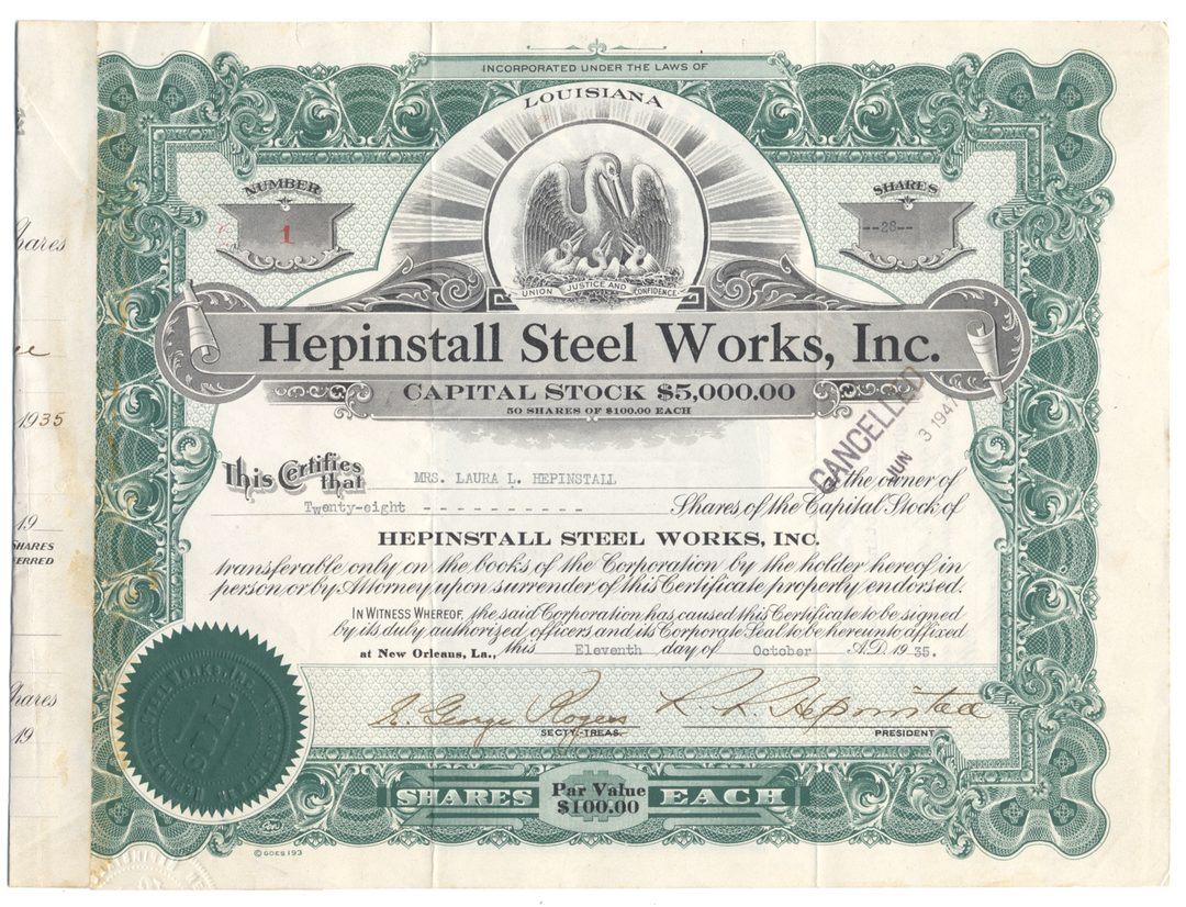 Hepinstall Steel Works, Inc. Stock Certificate #1