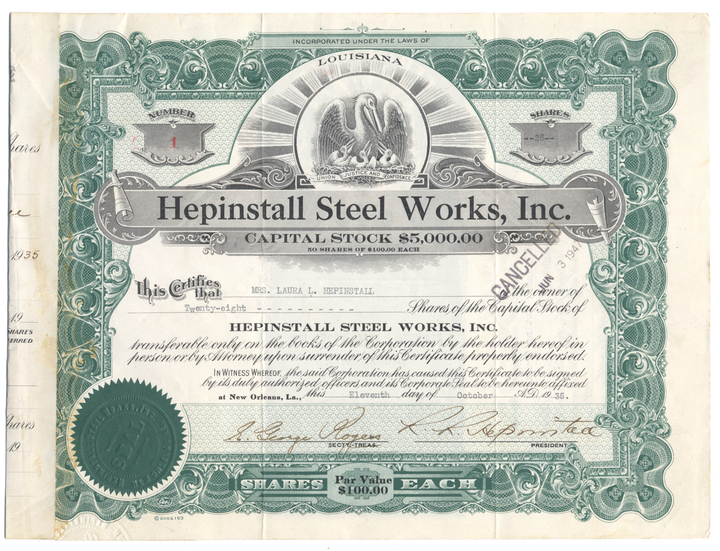 Hepinstall Steel Works, Inc. Stock Certificate #1