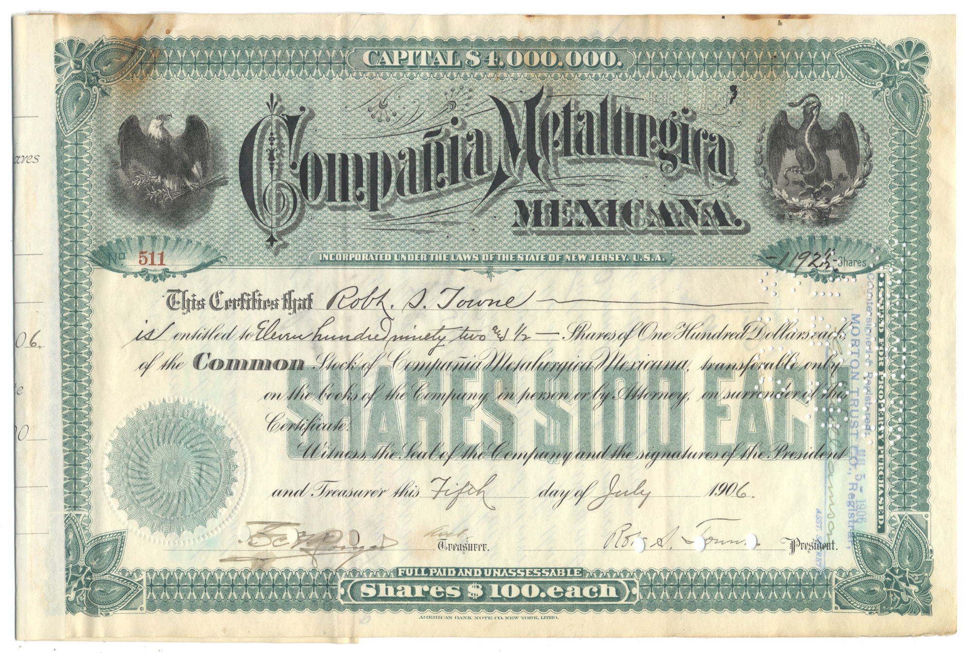 Vintage stock certificate from Companía Metallurgica Mexicana from 1906