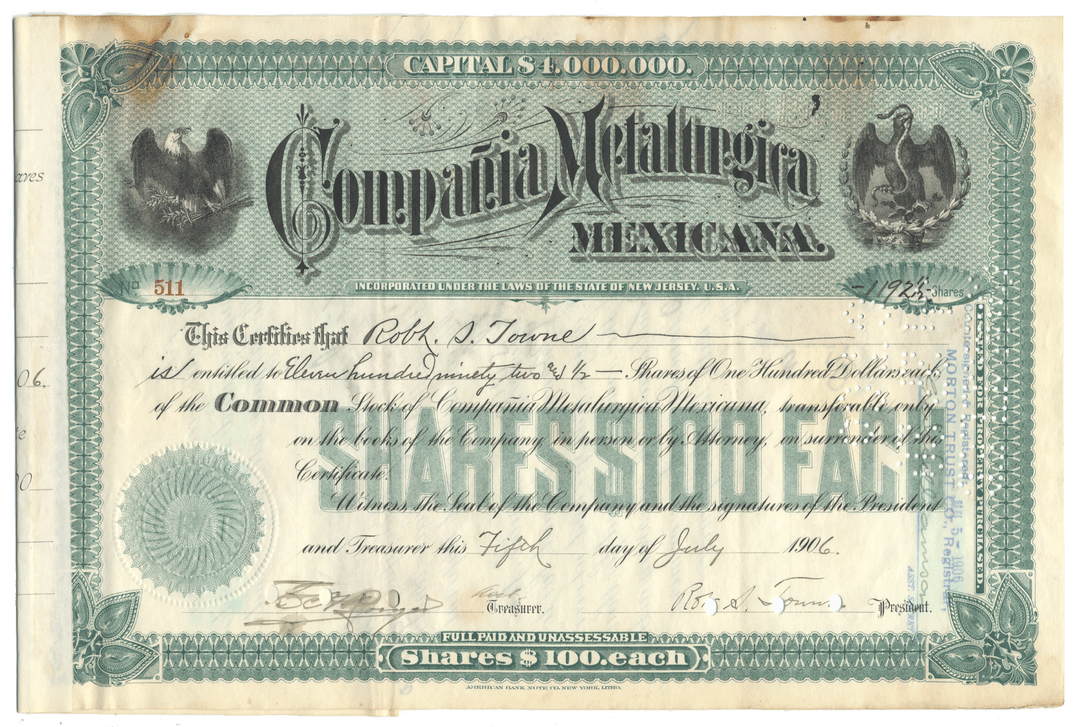Vintage stock certificate from Companía Metallurgica Mexicana from 1906