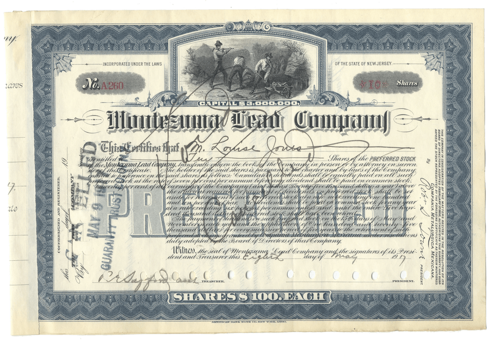 Vintage stock certificate for the Minersville Lead Company with decorative elements and text.
