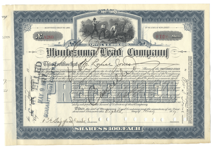Vintage stock certificate for the Minersville Lead Company with decorative elements and text.