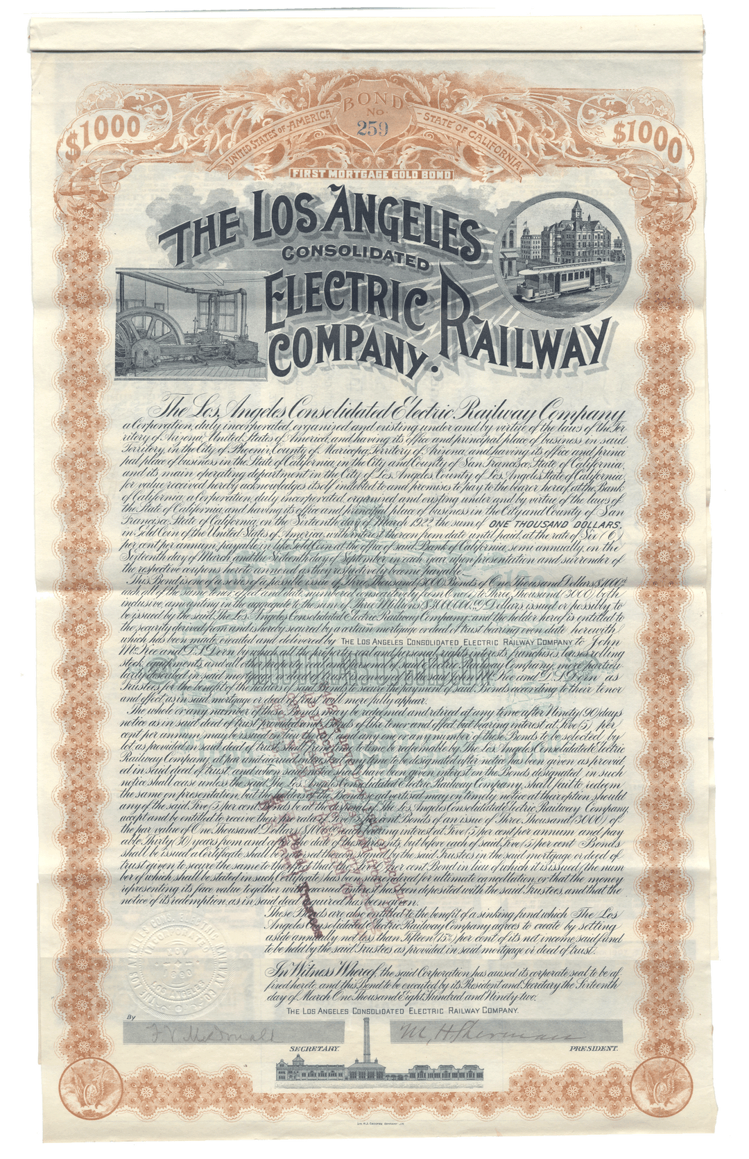 Los Angeles Consolidated Electric Railway Company Bond Certificate Signed by Moses Hazeltine Sherman