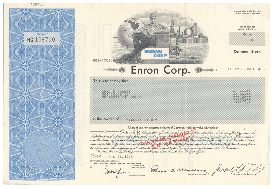 Enron Corp. Stock Certificate