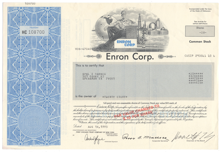 Enron Corp. Stock Certificate