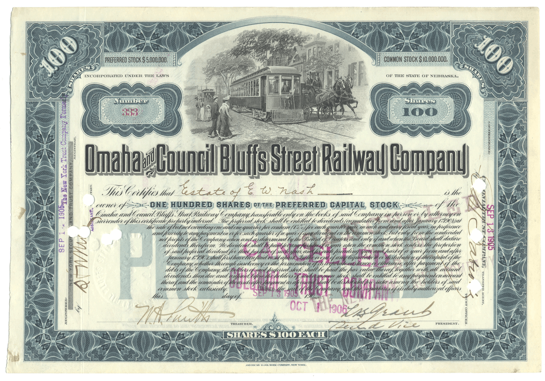 Historical stock certificate for Omaha and Council Bluffs Street Railway Company with decorative elements and text.