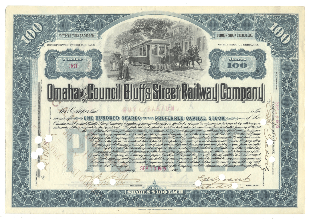 A vintage Omaha and Council Bluffs Street Railway Company stock certificate, dated September 1905