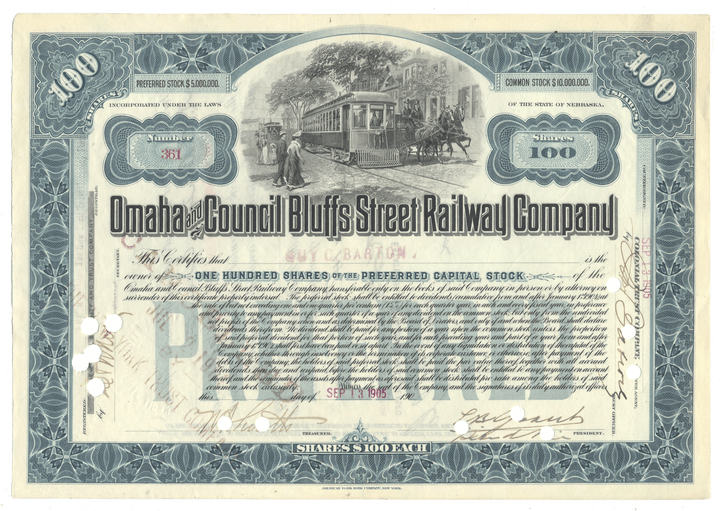 A vintage Omaha and Council Bluffs Street Railway Company stock certificate, dated September 1905