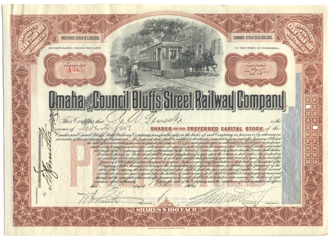 Omaha and Council Bluffs Street Railway Company Stock Certificate