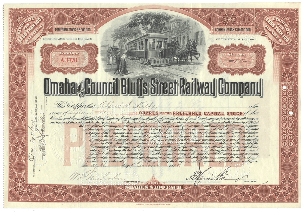 Omaha and Council Bluffs Street Railway Company Stock Certificate