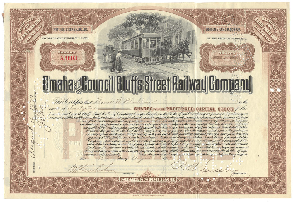 Vintage stock certificate for Omaha and Council Bluffs Street Railway Company with decorative elements and illustration.