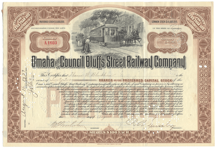 Vintage stock certificate for Omaha and Council Bluffs Street Railway Company with decorative elements and illustration.