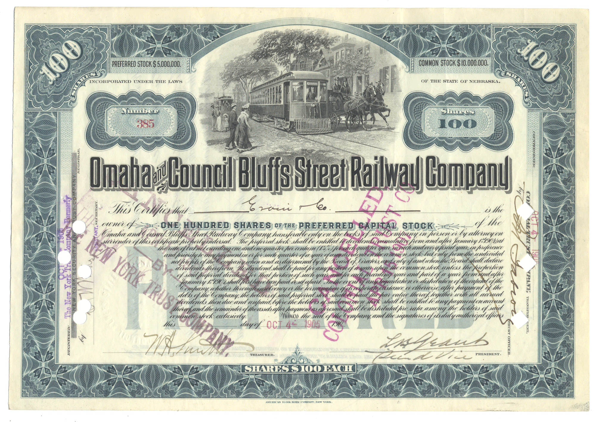 Stock certificate of Omaha and Council Bluffs Street Railway Company with scenic illustration from 1905