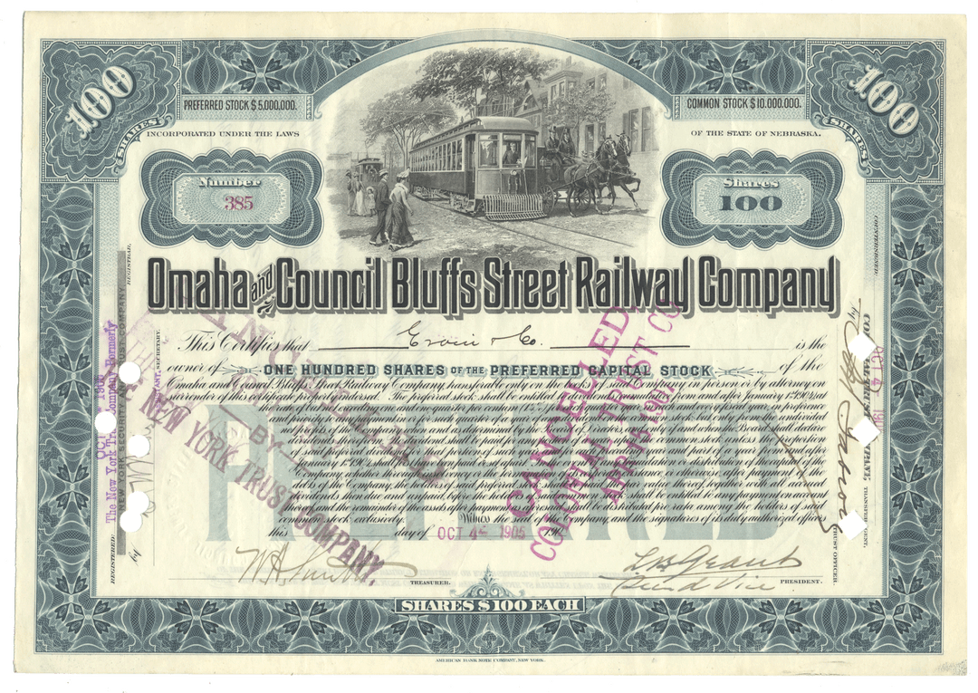 Stock certificate of Omaha and Council Bluffs Street Railway Company with scenic illustration from 1905