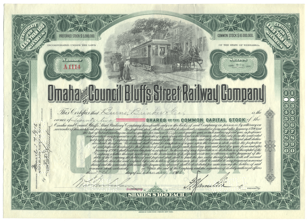 Historical stock certificate of the Omaha and Council Bluffs Street Railway Company with decorative elements.