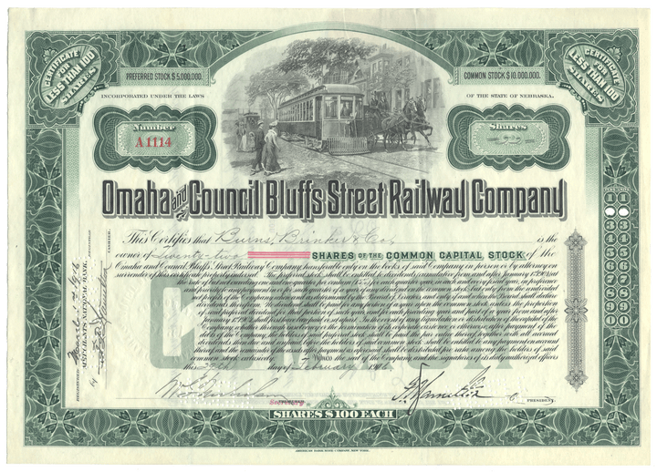 Historical stock certificate of the Omaha and Council Bluffs Street Railway Company with decorative elements.