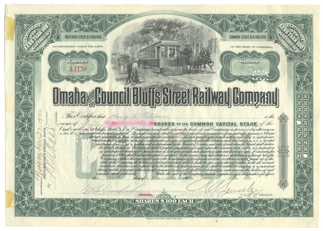 An antique stock certificate for the Omaha and Council Bluffs Street Railway Company, dated 1900