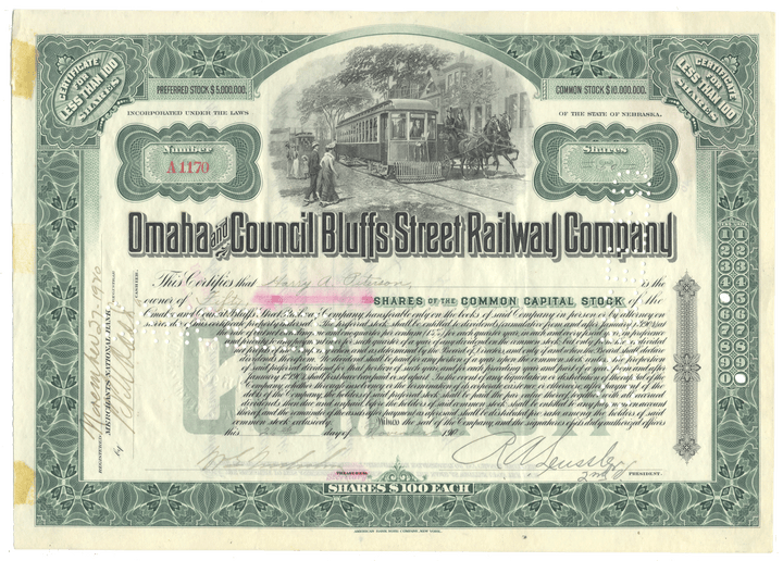 An antique stock certificate for the Omaha and Council Bluffs Street Railway Company, dated 1900