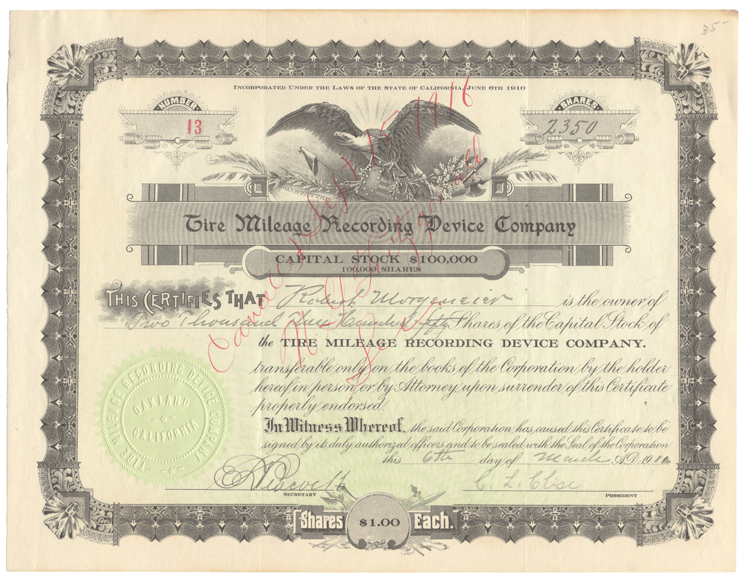 Tire Mileage Recording Device Company Stock Certificate