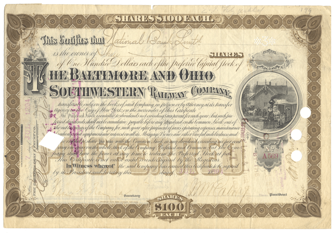 Baltimore and Ohio Southwestern Railway Company Stock Certificate